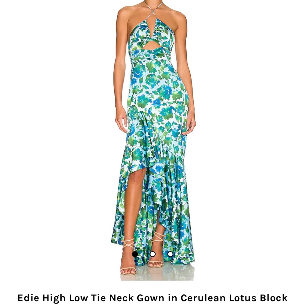 AMUR Edie High Low Tie Neck Gown in Cerulean Lotus Block Print